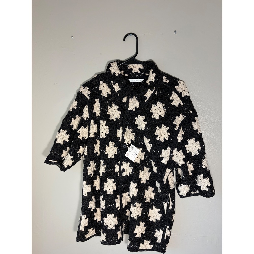 Zara Mens Crochet Knit Shirt Black Cream Floral Button Down Short Sleeve L NWT